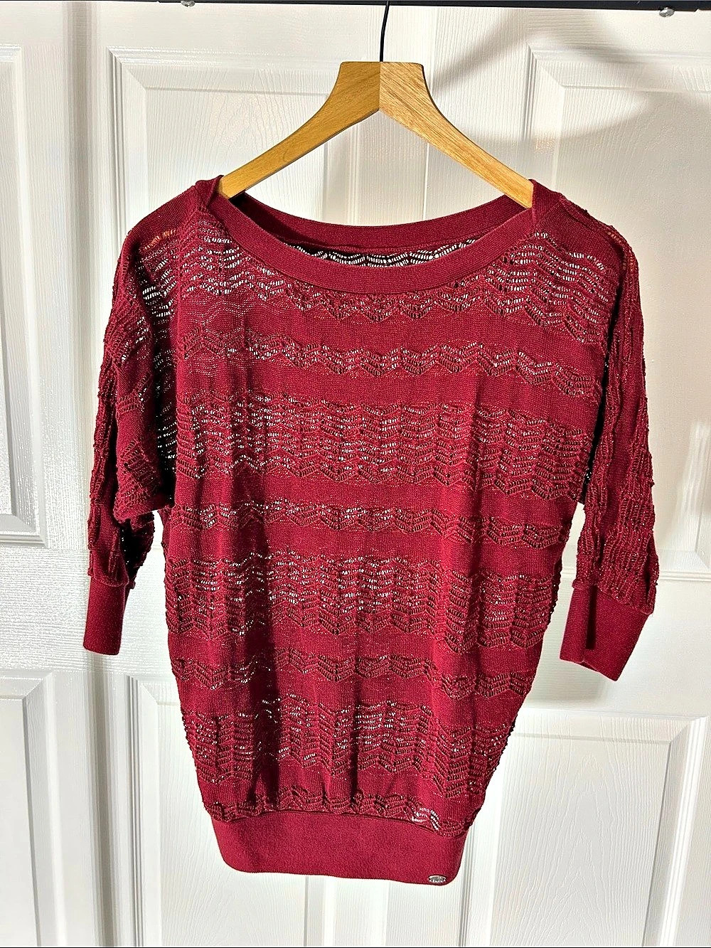 Armani Exchange Open Knit Top in Burgundy